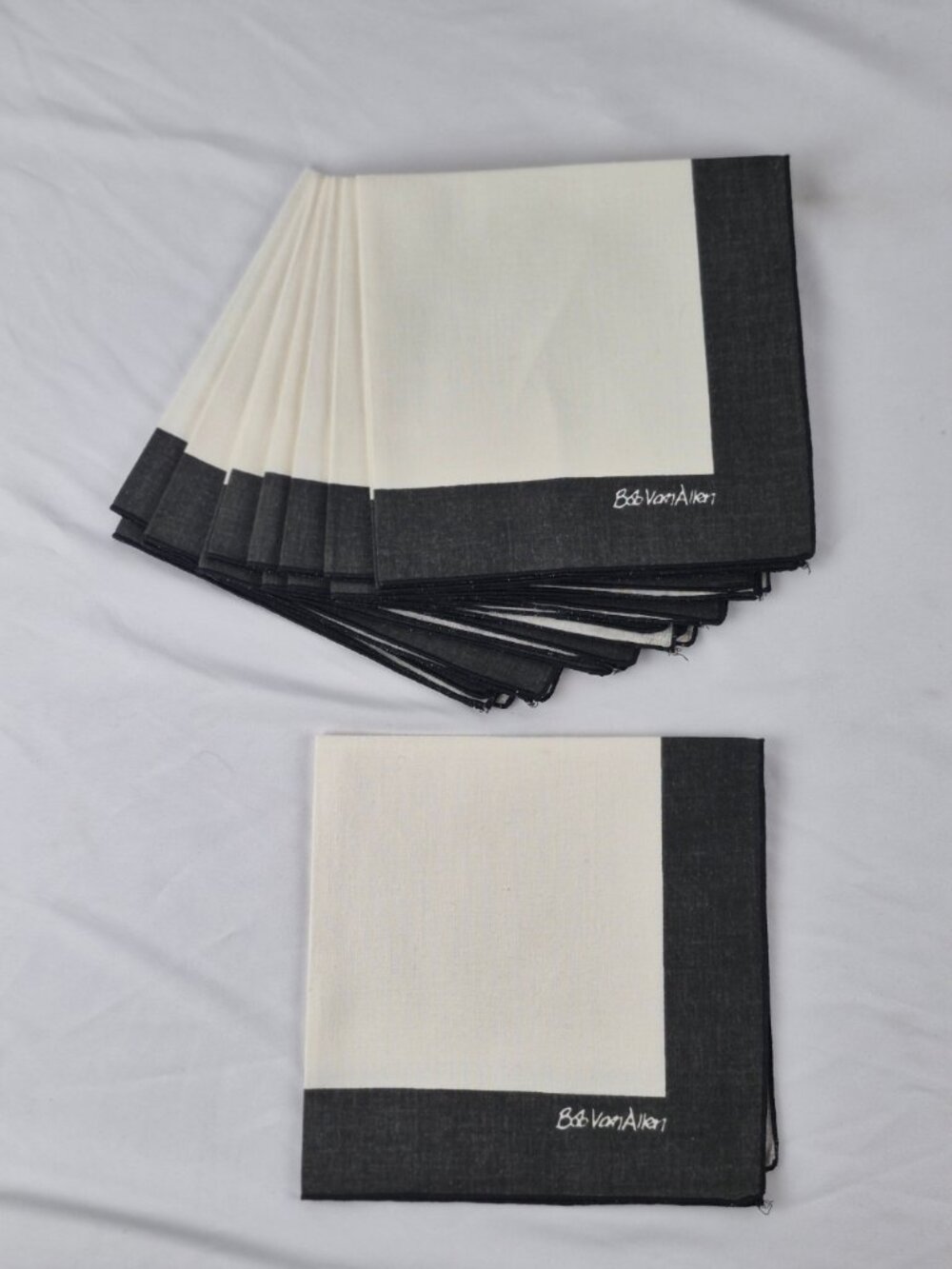 Vintage Bob Allen Napkins Charcoal Boarder & Cream Center Linen Signed Set of 8